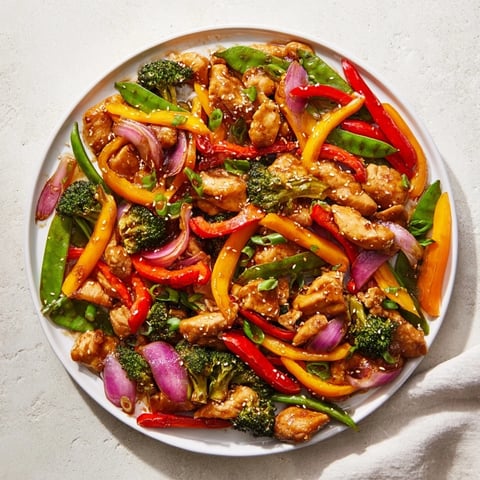 Sheet Pan Chicken Stir-Fry with tender chicken, colorful roasted vegetables, glistening in savory sauce.