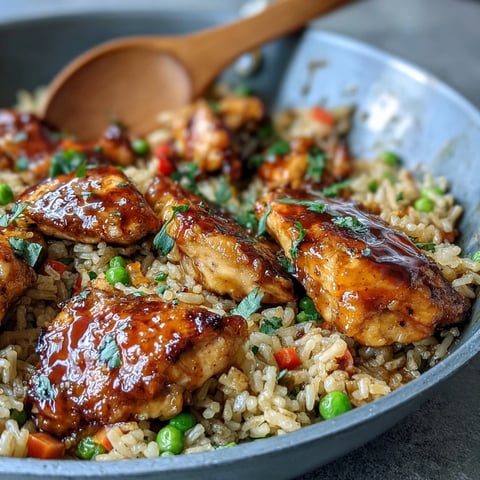 Golden-brown, saucy One-Pan Bold Honey BBQ Chicken Rice is fluffed with a fork, showcasing tender chicken and vibrant bell peppers in a single skillet.
