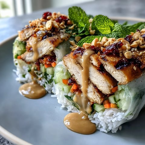 Deconstructed Rice Paper Roll Bowl with silky rice paper shards, crisp veggies, grilled chicken, and creamy peanut sauce.