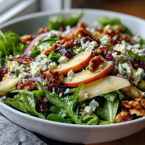 Vibrant Mixed Greens and Apple Bowl tossed with crunchy walnuts, creamy feta, and a tangy cider vinaigrette, ready to serve.