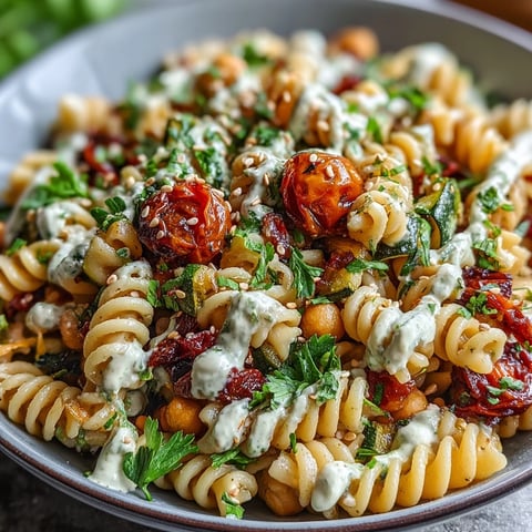 Golden roasted zucchini and red bell pepper nestle atop chickpea pasta, draped in creamy tahini sauce for a satisfying vegan bowl.