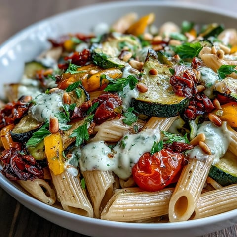 Creamy whole wheat pasta bowl with roasted vegetables, pine nuts, and fresh parsley garnish.
