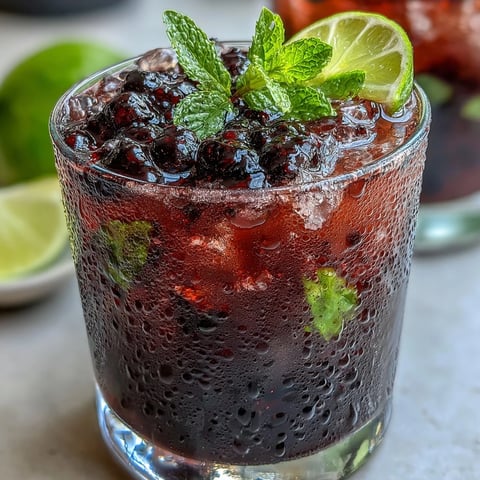 A tall glass of Black Currant Mojito filled with crushed ice, garnished with fresh mint and a vibrant lime wheel.