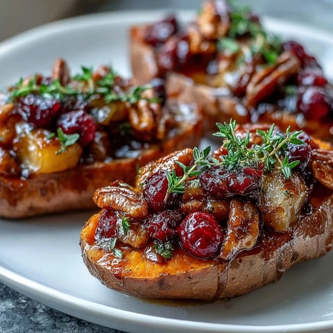 Golden-brown roasted Cranberry Apple Twice Baked Sweet Potatoes, filled with caramelized apples, tart cranberries, and toasted pecans, garnished with fresh thyme.