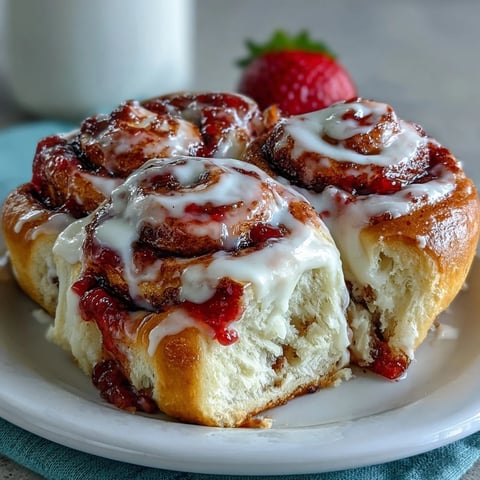 Freshly baked Strawberry Cinnamon Rolls swirled with warm fruit filling and drizzled with cream cheese glaze.  