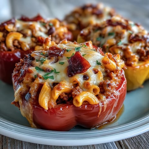 Golden baked bell peppers stuffed with hearty chili mac, bubbling with melted cheddar and fresh cilantro garnish.  