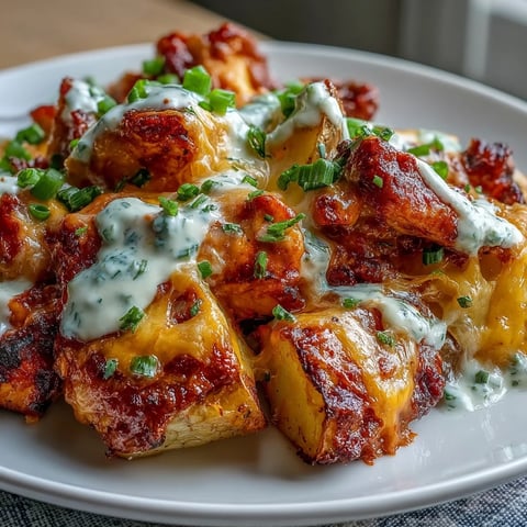 Golden-brown Buffalo Ranch Chicken Potato Bake features juicy chicken thighs and roasted baby potatoes in a spicy, creamy sauce.
