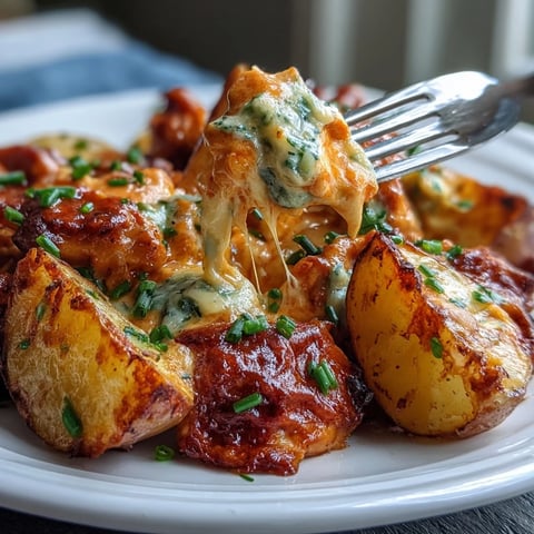Golden-brown Buffalo Ranch Chicken Potato Bake fresh from the oven, featuring tender potatoes and juicy chicken coated in creamy ranch and spicy buffalo sauce.