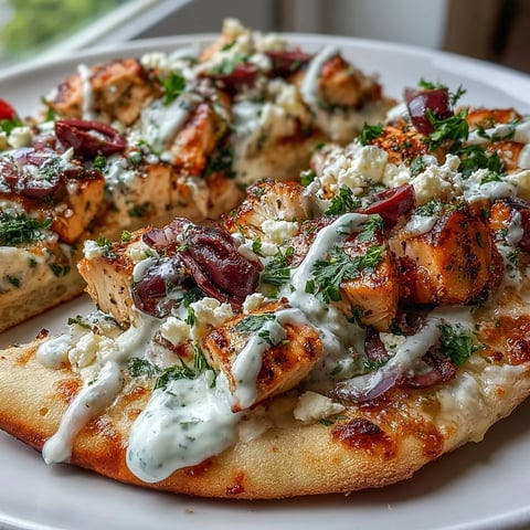 Golden-brown Lemon Feta Chicken Naan Pizza fresh from the oven, topped with vibrant red onions and a cooling tzatziki drizzle.