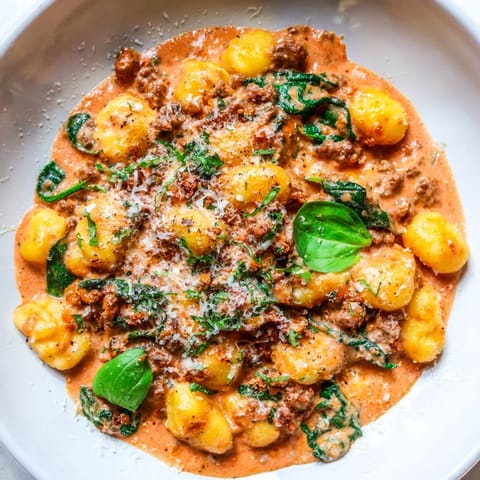 Creamy Tomato and Sausage Gnocchi: a warm bowl of pasta with bubbling tomato sauce, rich and savory.
