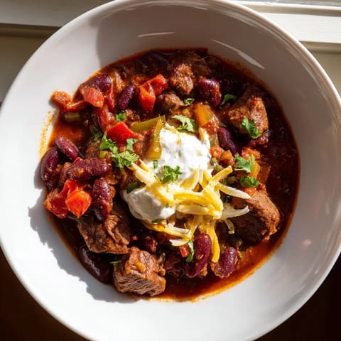 Steaming bowl of Winter Warming Chili con Carne, topped with fresh cilantro and a dollop of sour cream.