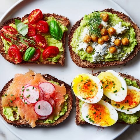 A close-up of beautifully arranged avocado toast, showcasing the four unique flavor combinations.