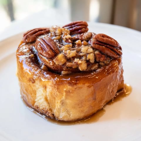 A close-up of warm, soft Pecan and Honey Sticky Buns, served with pecans and a rich, sweet sauce.