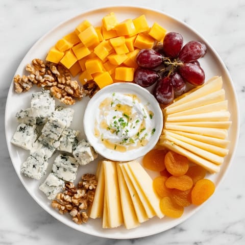 A decadent Celtic Cross Cheese Platter, with honey-drizzled blue cheese and a vibrant, flavorful dip.