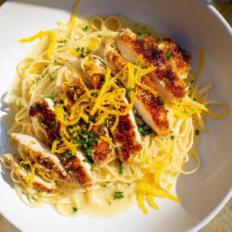Tender chicken and pasta: a plate of pasta with lemon brûlée chicken, garnished to perfection.
