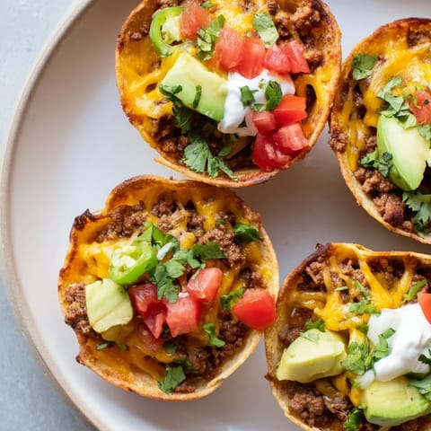 Golden brown mini taco cups filled with seasoned ground beef and bubbling, melted cheddar cheese ready to eat.