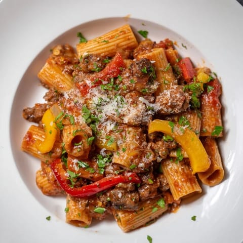 A steaming bowl of Sausage and Peppers Pasta, ready to serve with fresh parsley and Parmesan.
