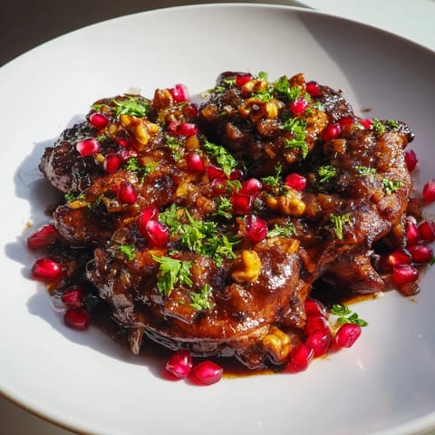Close-up of Iranian Fesenjan stew, glistening with walnut oil and garnished with fresh parsley.