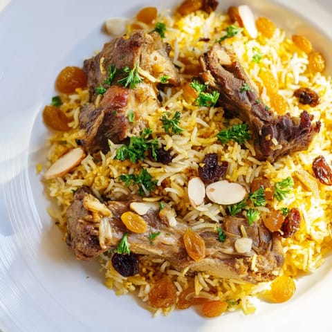 Golden raisins and aromatic spices infuse the flavorful Saudi Kabsa rice with tastes of the Middle East.