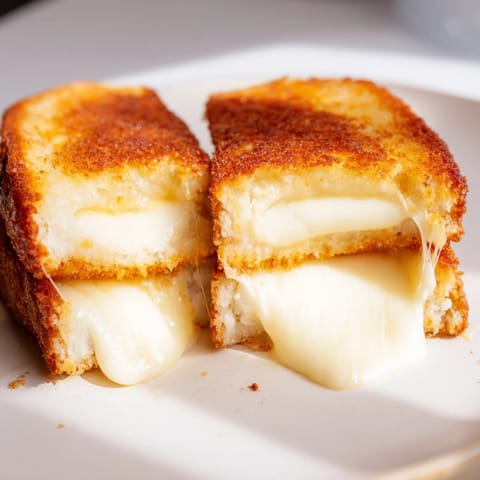 Gooey Mozzarella Stick Grilled Cheese sandwich with crunchy breading, melty mozzarella, and tangy marinara dipping sauce for dinner.