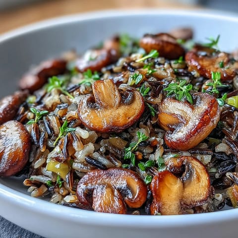 A close-up of hearty wild rice and mushroom pilaf, featuring tender vegetables and herbs in a warm, inviting setting.  
