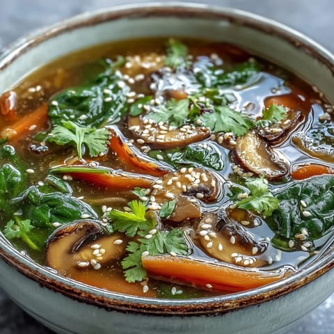 Miso Ginger Winter Soup simmering with shiitake mushrooms and julienned carrots in a rustic bowl.