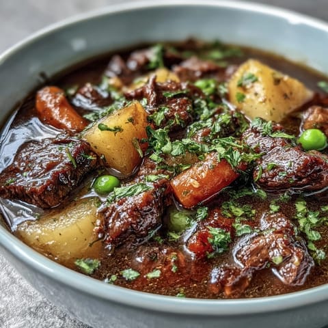 A rustic Dutch oven of Beef and Vegetable Soup with fresh parsley garnish, served alongside crusty bread on a wooden table.