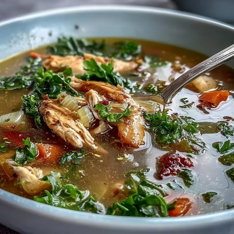 Bright golden broth with tender chicken pieces and wilted baby kale in a rustic ceramic bowl.