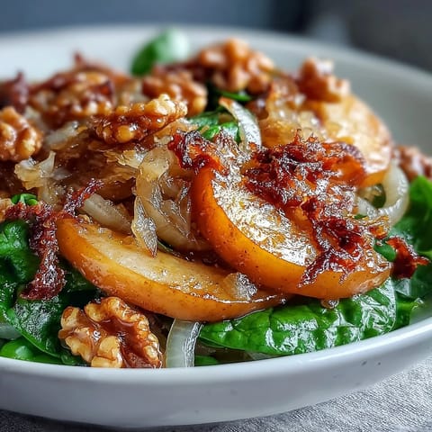 A freshly made Warm Apple and Sauerkraut Skillet Salad served warm on a platter with vibrant greens and a drizzle of maple glaze.