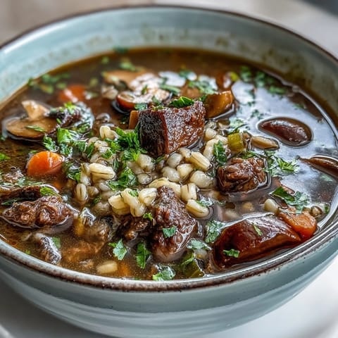 Rustic Dutch oven filled with homemade Vegetable Beef, Barley, and Mushroom Soup, garnished with fresh parsley and served with crusty bread.