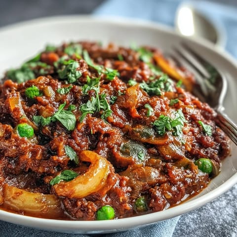 Close-up of rich Venison Keema Curry simmering in a skillet, highlighting tender meat and vibrant peas.