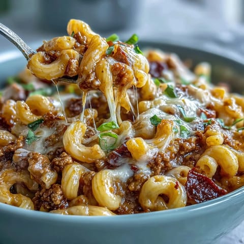 Fork-ready One-Pan High Protein Chili Mac topped with green onions and sour cream.