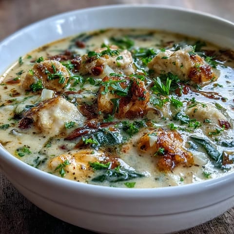 Garlic Parmesan Chicken Soup garnished with parsley and extra Parmesan, served in a rustic bowl.