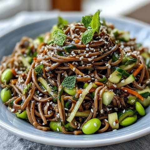 Forklifted Soba Noodle Bowl with crunchy cucumber, carrots, scallions, and edamame for a light vegetarian meal.