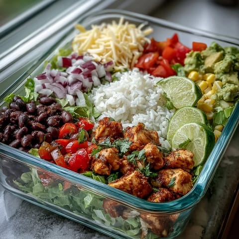 A colorful Meal Prep Burrito Bowl Base with ground beef, corn, and red bell peppers, topped with shredded cheddar cheese.