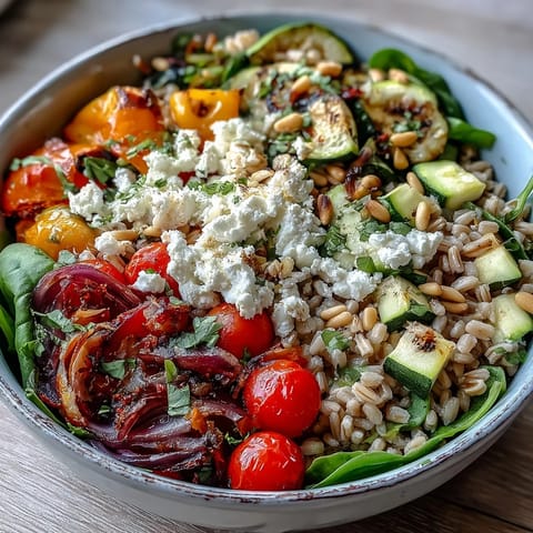 Hearty farro pasta bowl tossed with sautéed vegetables, baby spinach, and a zesty lemon-olive oil dressing, finished with toasted pine nuts and feta for extra Mediterranean flavor.