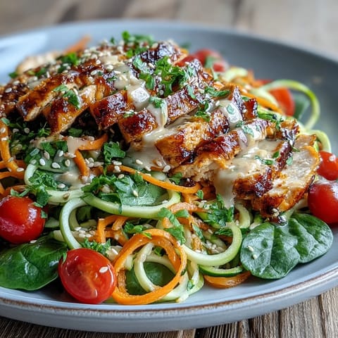 Brightly colored spiralized zucchini and sweet potato noodles topped with grilled chicken and drizzled with creamy tahini sauce.