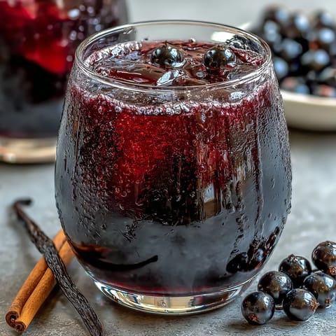 A chilled glass of homemade Black Currant Rum Liqueur shows a deep ruby hue and sweet berry aroma.