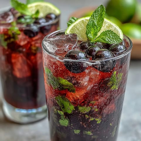 Tangy Blackcurrant Mojito cocktail in a highball glass garnished with fresh mint sprigs, vibrant lime slices, and whole blackcurrants. 