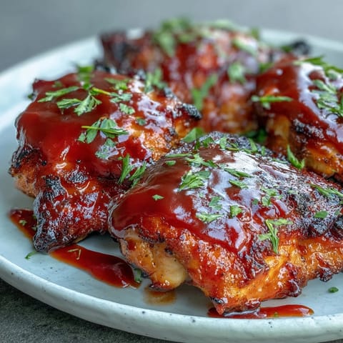 Caramelized, sweet-tangy Guava BBQ Sauce Chicken fresh from the oven, with a charred, glossy finish on the skin.