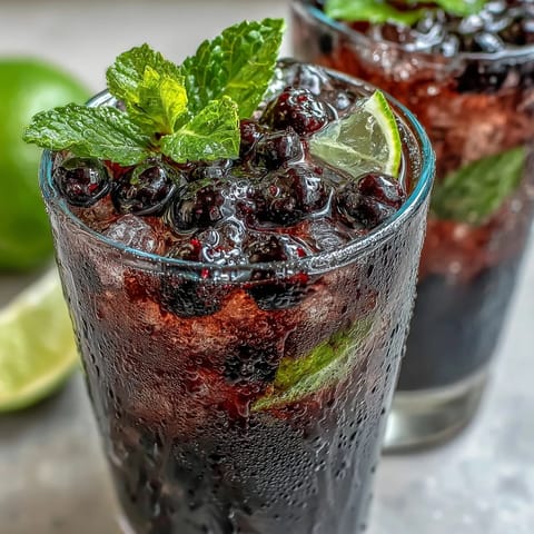 A refreshing Black Currant Mojito prepared in a sturdy glass, topped with fizzy soda water and fresh black currants.