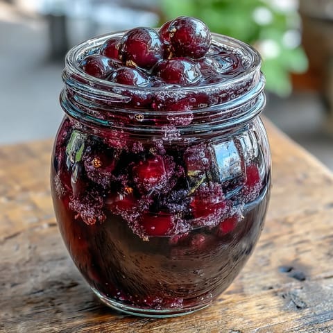 Deep purple Blackcurrant Vodka Liqueur glows in a glass bottle, garnished with fresh berries and mint.