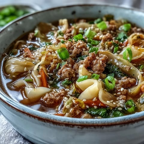 Close-up of Cozy One-Pot Egg Roll Soup featuring tender pork ribbons, shredded carrots, and cabbage in a savory ginger broth.