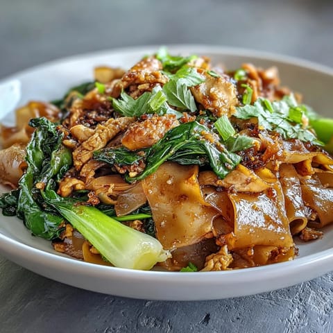 A close-up of Authentic Thai Pad See Ew reveals charred wide rice noodles, scrambled egg ribbons, and crisp gai lan in a fragrant stir-fry.  