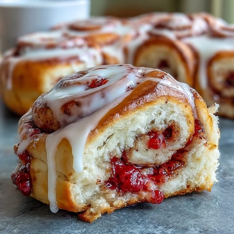 A warm Strawberry Cinnamon Roll with tender brioche dough, strawberry jam filling, and rich glaze.  
