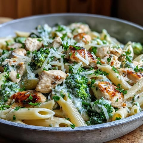 Garlic Parmesan Broccoli & Chicken Pasta served hot in a skillet garnished with fresh parsley and extra cheese.