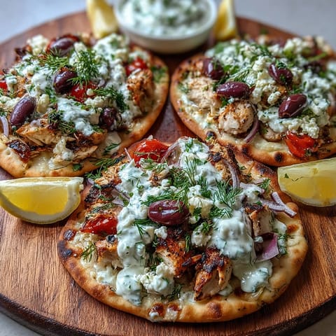 Golden Lemon Feta Chicken Naan Pizza topped with Kalamata olives, red onion, and fresh dill, drizzled with creamy tzatziki.