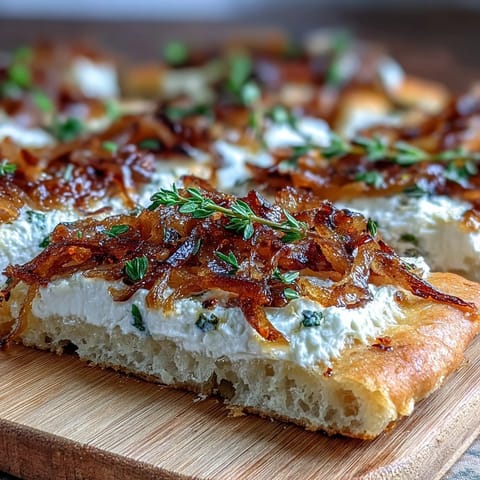 A close-up of Goat Cheese & Caramelized Onion Flatbread with a golden crust, creamy white goat cheese, and honey drizzle over sweet onions.