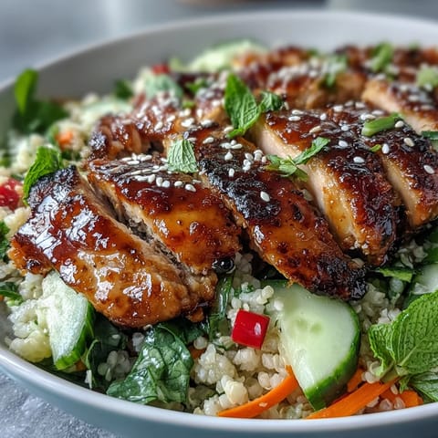 Golden sliced sesame ginger chicken rests on fluffy pearl couscous, garnished with crisp cucumber, carrots, and fresh cilantro.