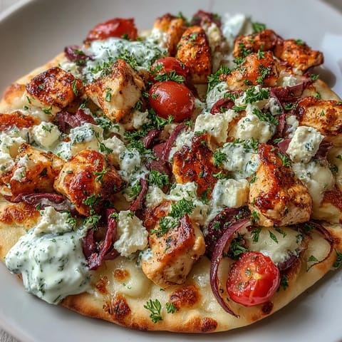 A close-up of a slice being lifted, revealing the creamy feta and tender lemon chicken nestled on the soft naan base.